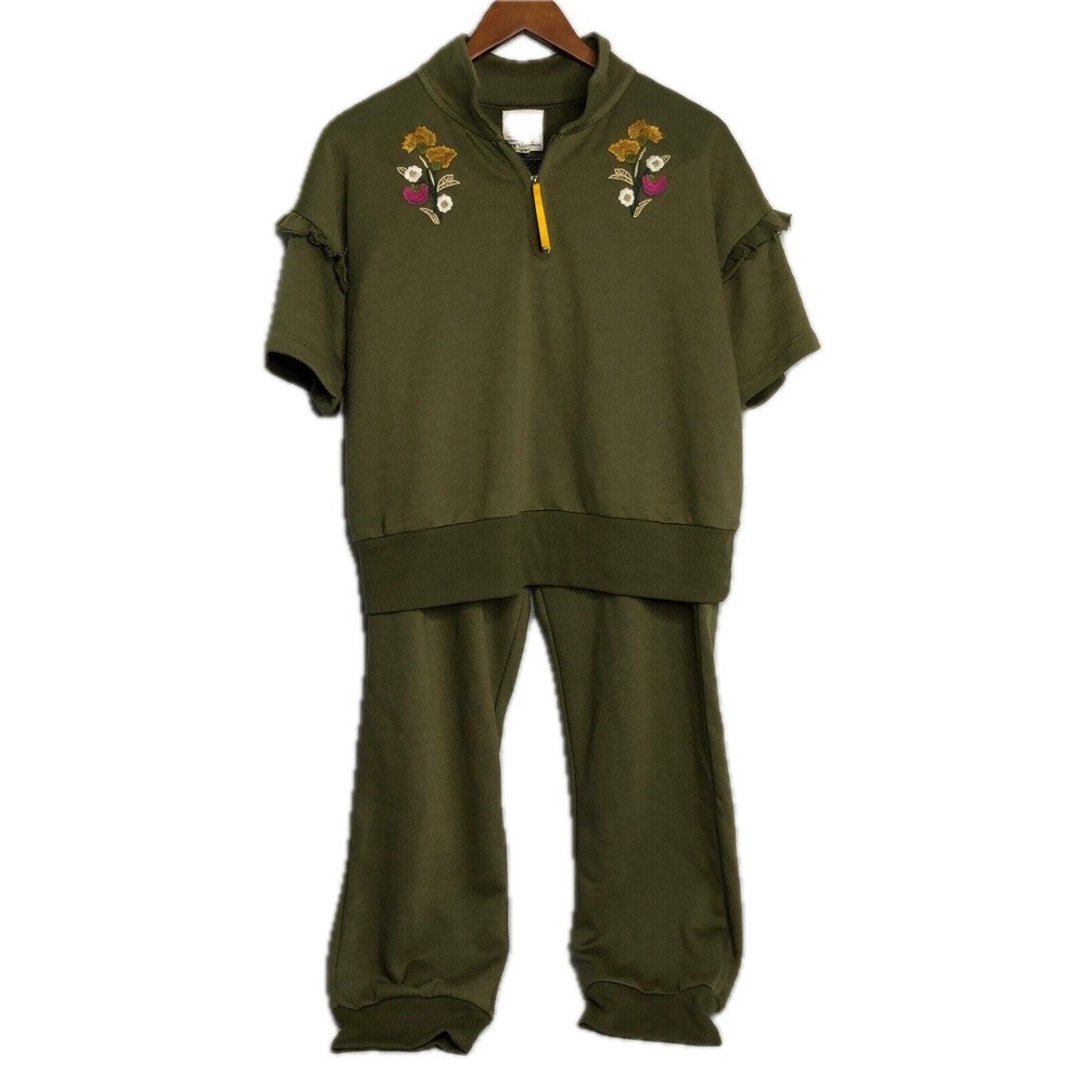 Anthropologie TINY for Saturday Sunday Olive‎ Green Embroidered Lounge Set Large